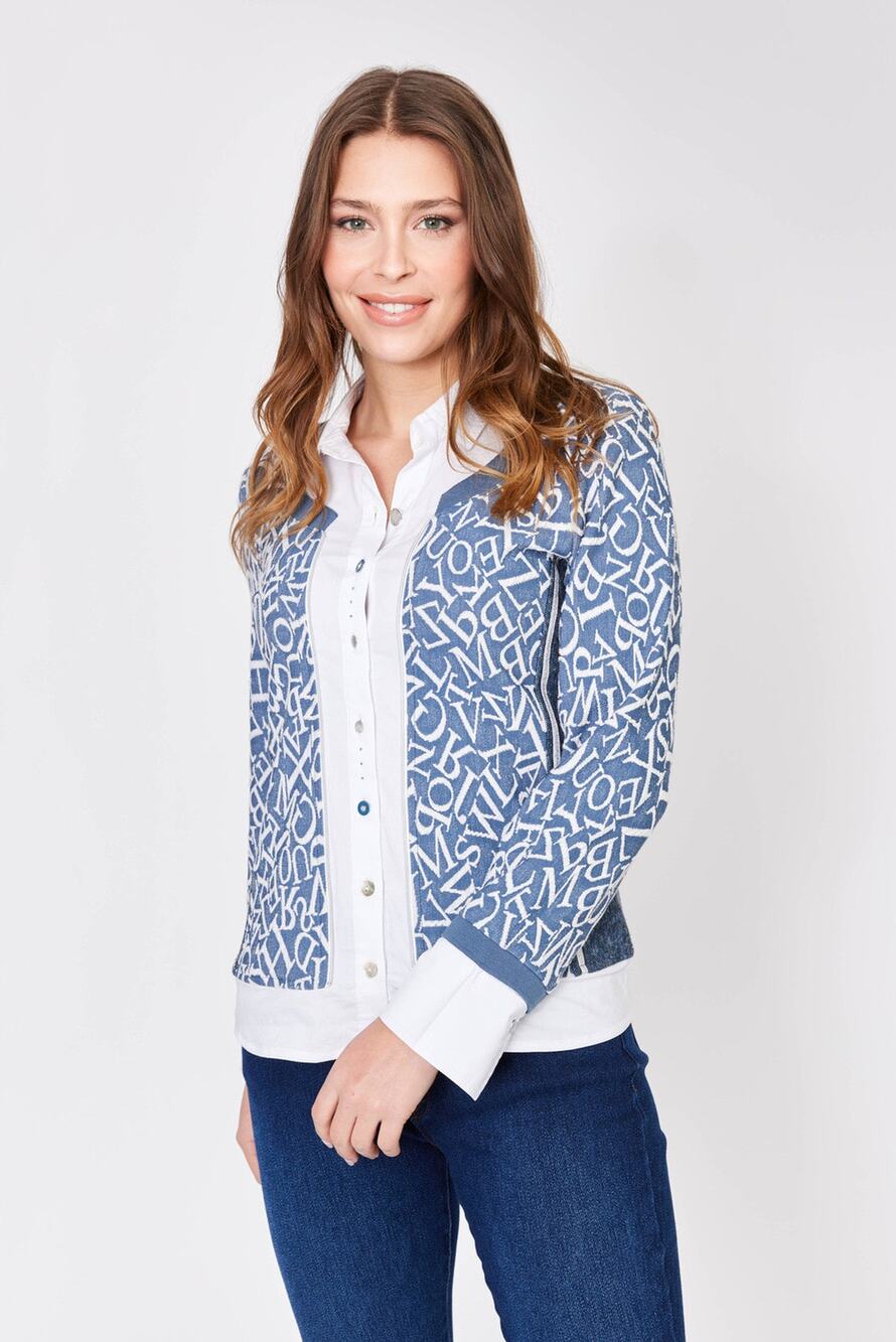 Dolcezza Blue Alphabet Print Faux-Layered Knit Blouse NWT Size Large